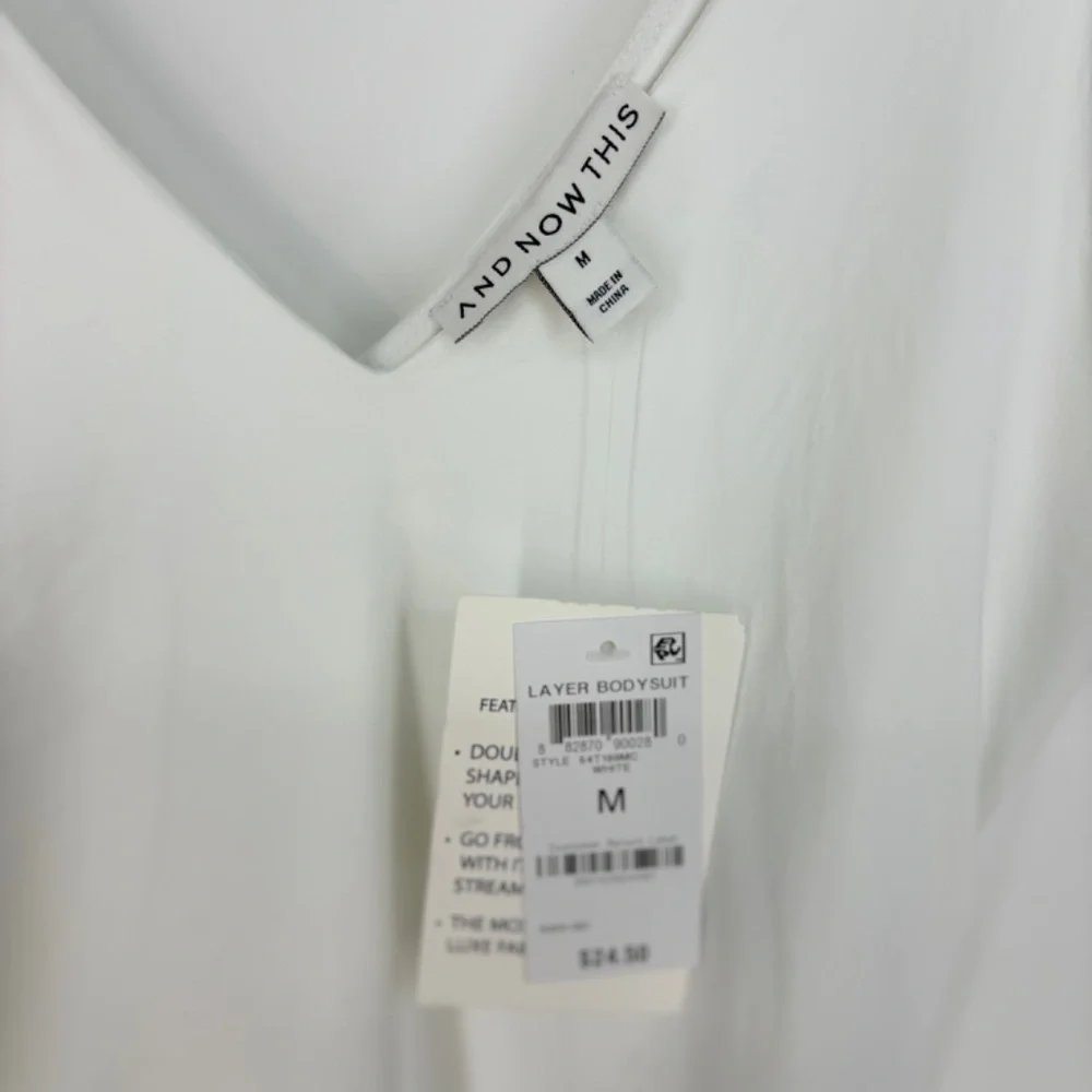 And Now This Womens Medium Tank Bodysuit V-Neck White Double Layer Knit Fabric - Picture 5 of 10